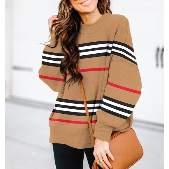 Women's Brown Batwing Long Sleeve Crew Neck Striped Oversized Pullover Sweater - Picture 3 of 5